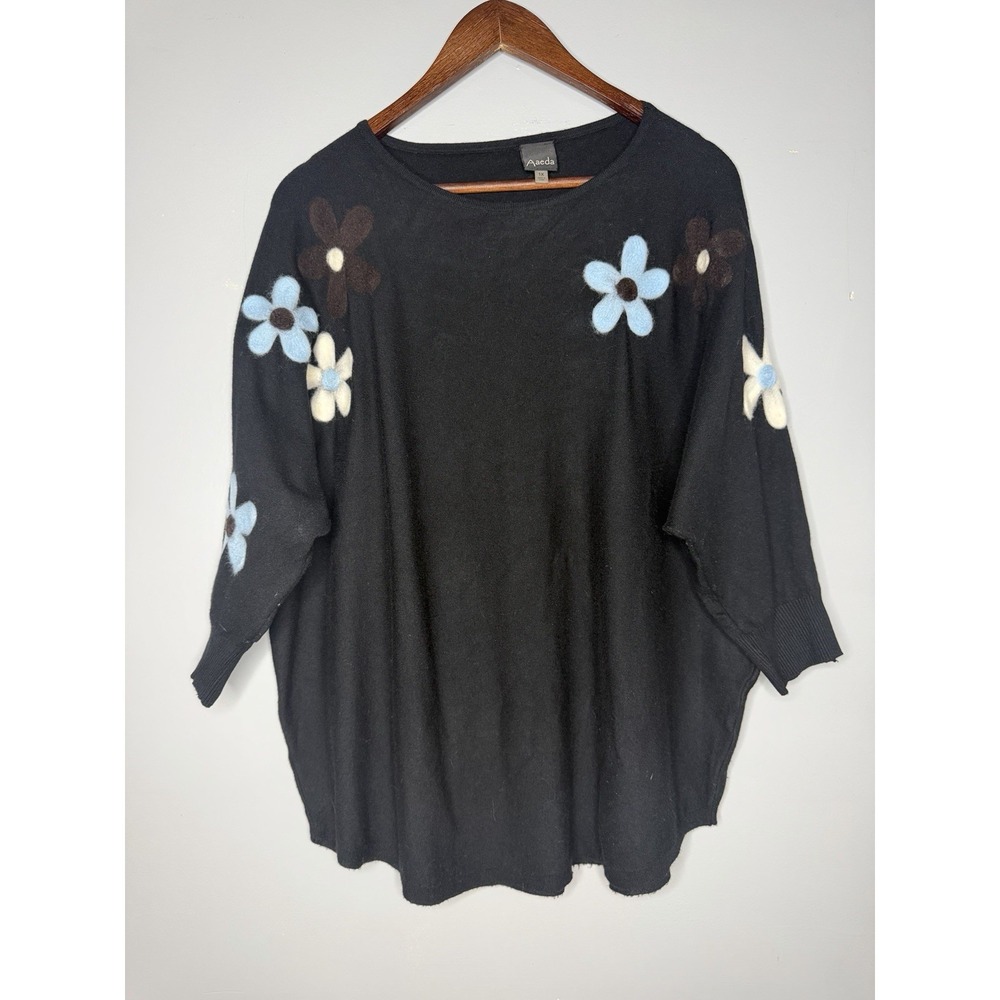 Aaeda 1X Black Floral Applique Sweater Tunic Oversized Dolman Boho Artsy
